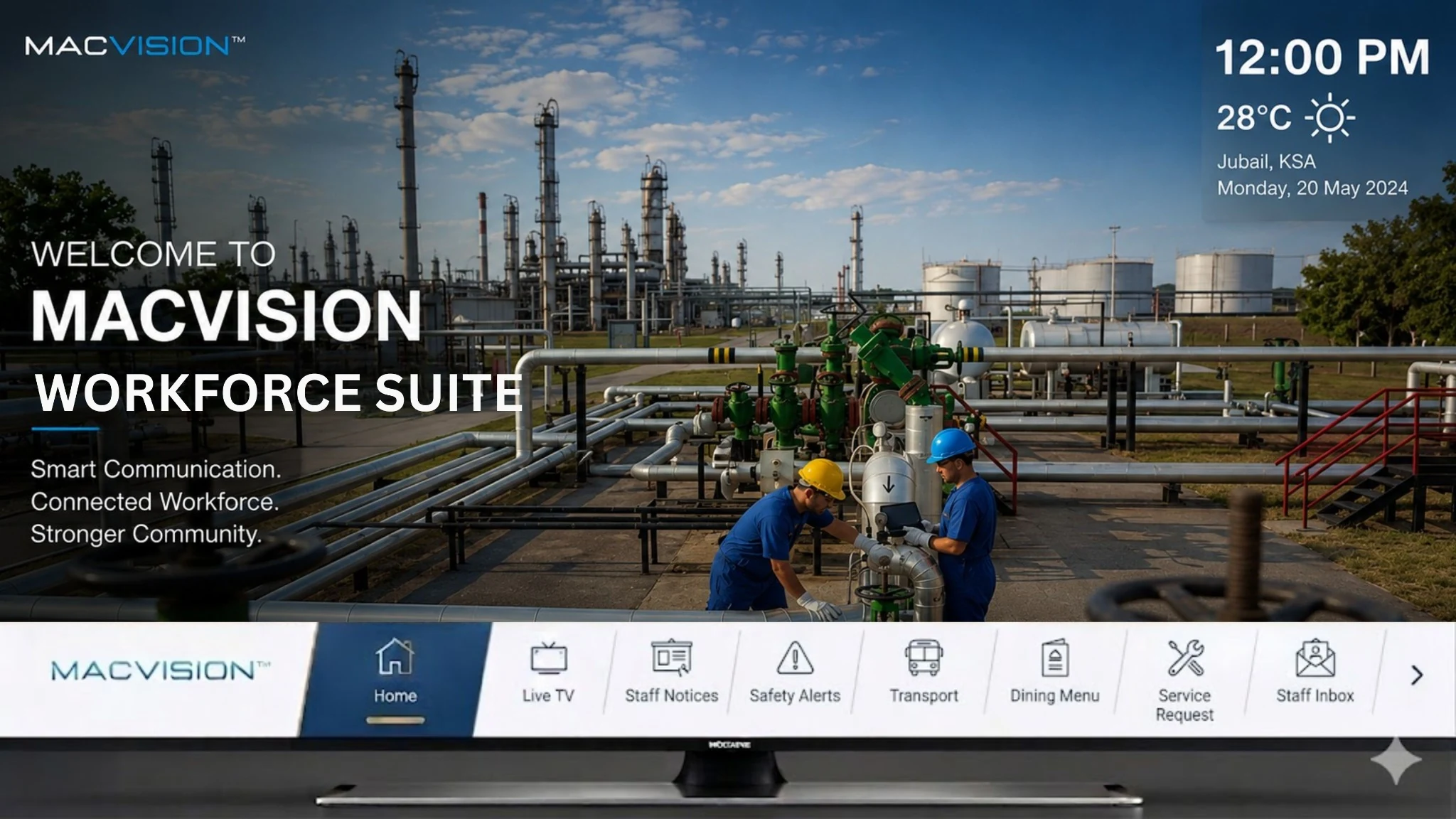 MACVISION Workforce Suite Smart TV interface for Jubail labour camps and staff accommodation
