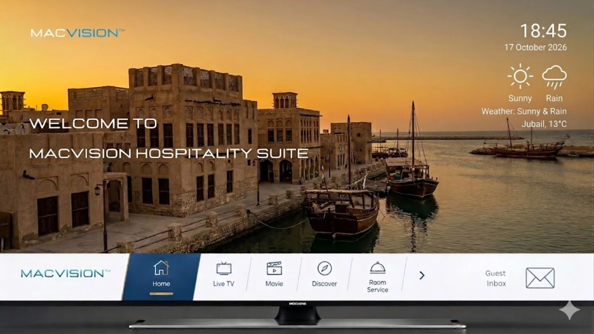 Jubail workforce-accommodation reference depicting mACVISION Jubail facility communication Smart TV interface