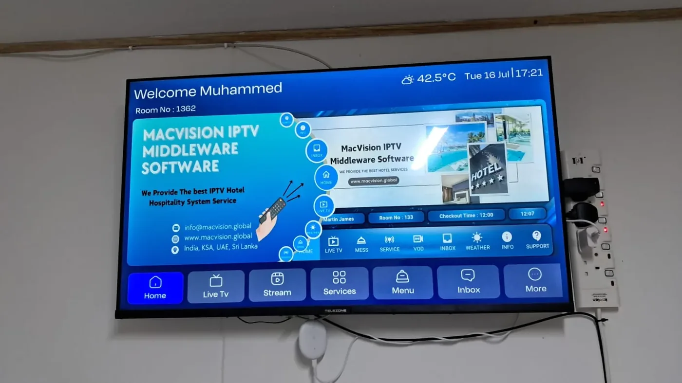 Jubail workforce-accommodation reference depicting mACVISION IPTV middleware operating on a room television at the labour camp