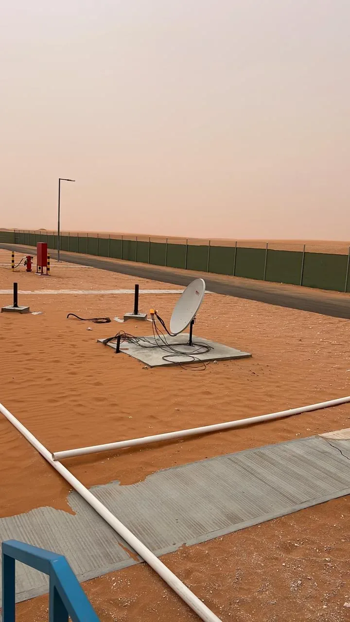 Jubail workforce-accommodation reference depicting mATV dish base and site preparation for the Aramco labour camp project in Turaif