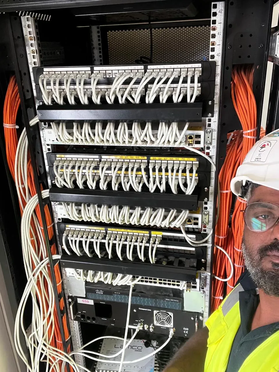 Jubail workforce-accommodation reference depicting mATV rack and signal distribution installation for the Turaif labour camp project