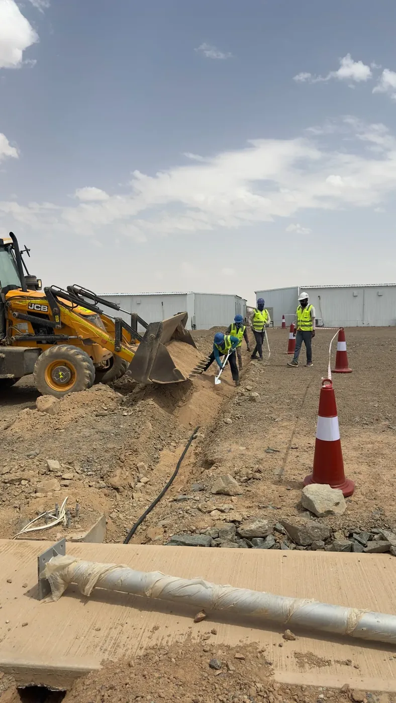 Jubail workforce-accommodation reference depicting underground cabling and trenching work for the Saudi labour camp IPTV and Wi-Fi project